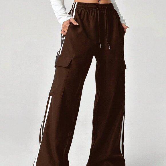 Brown Casual Women's Color Block Striped Drawstring Waist Cargo Long Pants - Picture 3 of 6